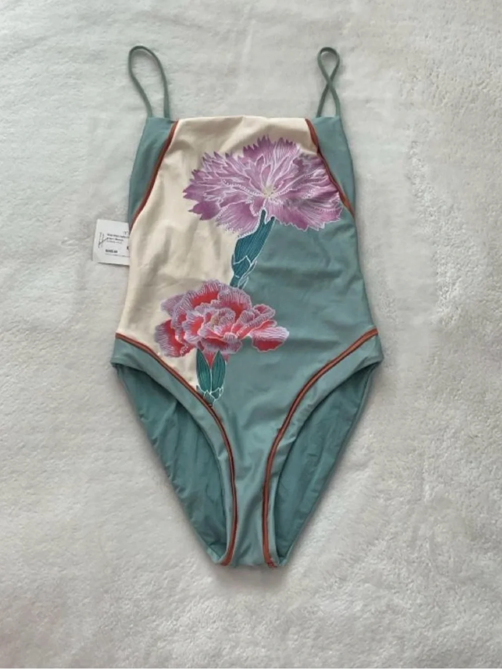 Maaji Sage Green One-Piece Swimsuit with Cream Panel and Pink & Purple Floral